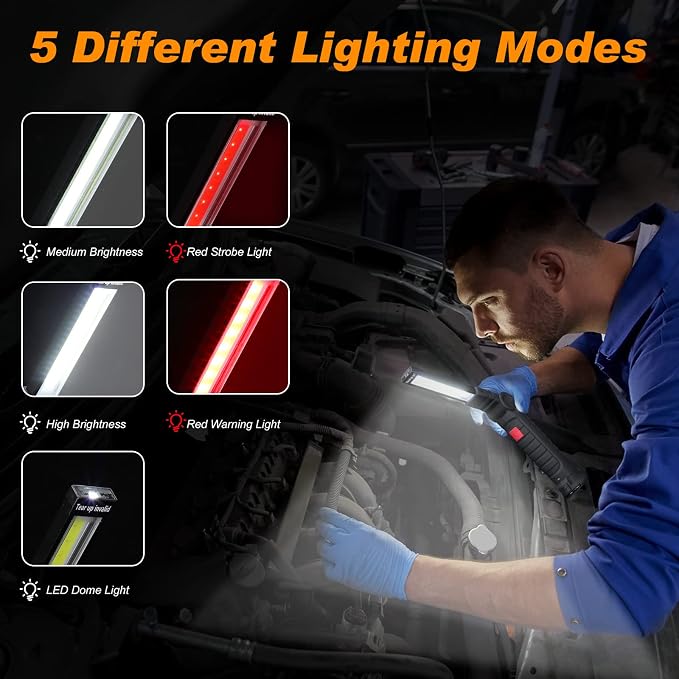 Mudder 6 Pcs Rechargeable LED Work Light Tool Gifts for Him with Magnetic Base 360° Rotate 5 Modes Flashlights for Car Repair Outdoor(Black)