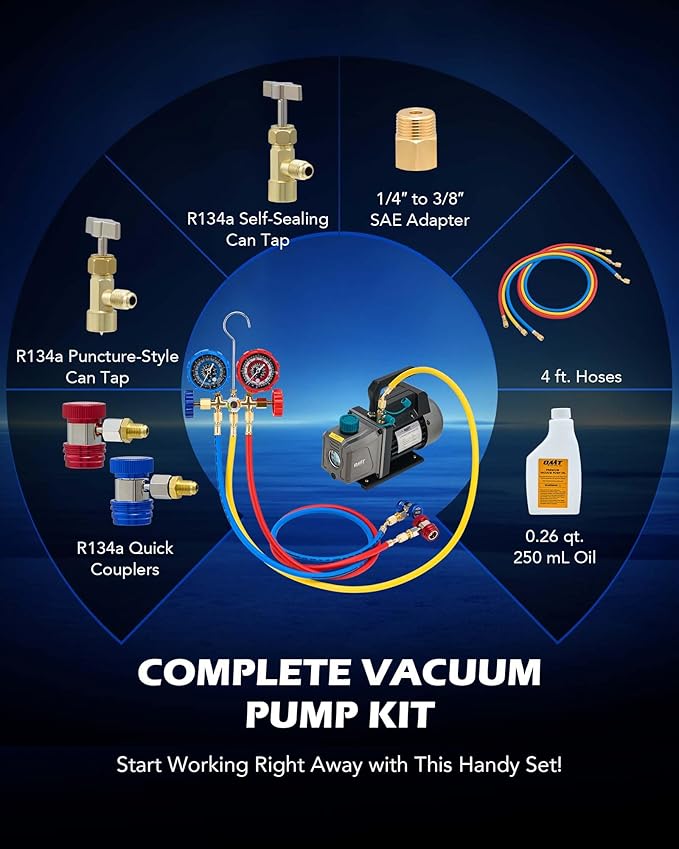 Orion Motor Tech AC Vacuum Pump and Gauge Set, 1/4 hp 3.5 cfm Vacuum Pump Manifold Gauge Kit with 3 Hoses Adapters & Accessories for R134a R12 R22 R502, A/C Vacuum Pump Kit for Auto HVAC Systems