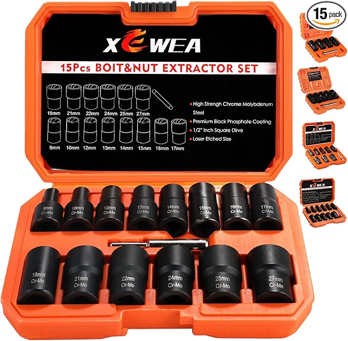 XEWEA 15PCS 1/2" Drive Lug Nut Removal Tools, Striped Wheel Lock Removal Kit Easy Out Twist Socket Extractor Set for Damaged, Frozen, Rusted, Rounded-Off Bolts Nuts & Screws