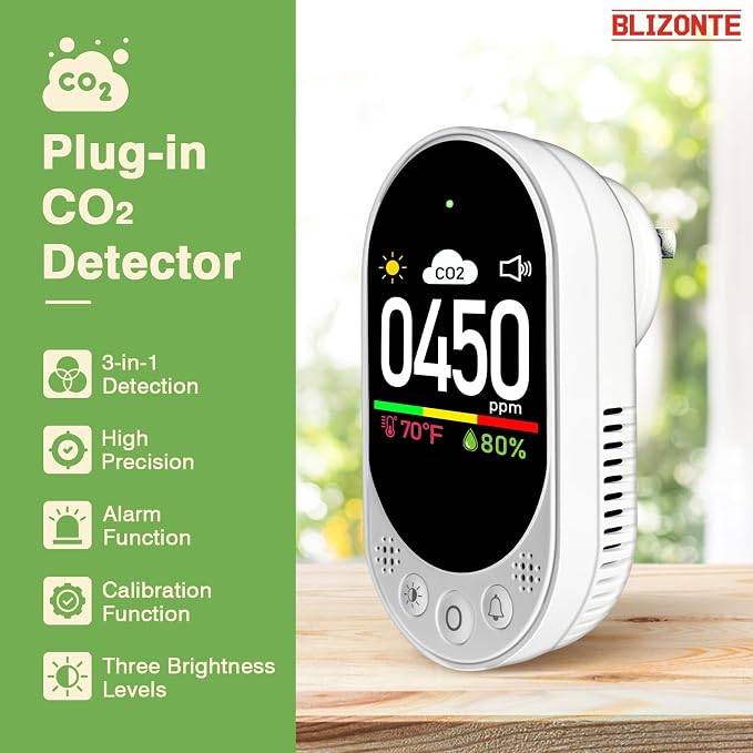 Indoor Air Quality Meters Plug-in Wall, 3-in-1 Air Detector(CO2,Temp and Humidity), Supports Manual Calibration&Customizable Thresholds, Visual & Audible Reminder, for Homes, Offices 1Pack
