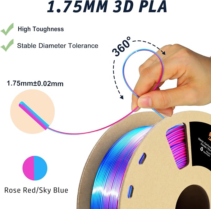 LOVOON 3D Printer Filament Dual Color Sky/Light Blue and Rose Red, PLA Filament 1.75mm,Silk PLA Filament, PLA Filament for Most 3D Printer and 3D Pen, 2.2 lbs/Spool