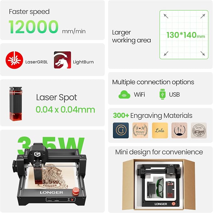 LONGER RAY5 Laser Engraver 3500mW High Precision 0.04 * 0.04mm Mini Laser Cutter and Engraving Machine 130x140mm Working Area for Wood Metal Acrylic Glass
