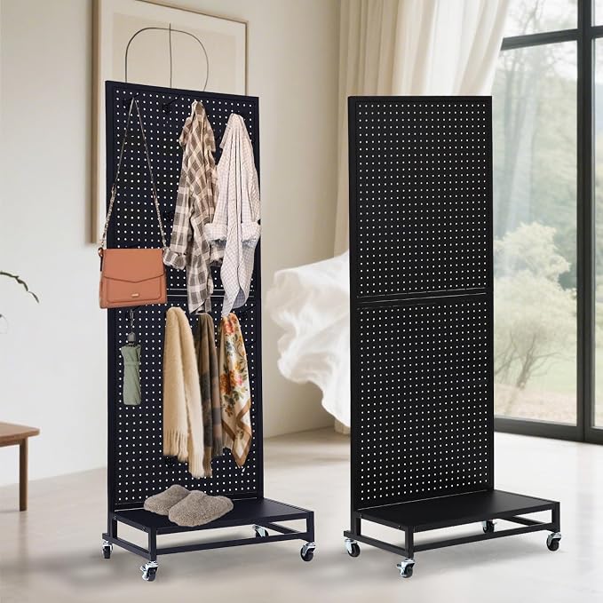 Eastern Tree Metal Pegboard Display Stand 2'x 5'with Base Plate, Pegboard Panels Display with Wheels, Peg Board Display Rack, Standing Pegboard Display with 30 Hooks - Black