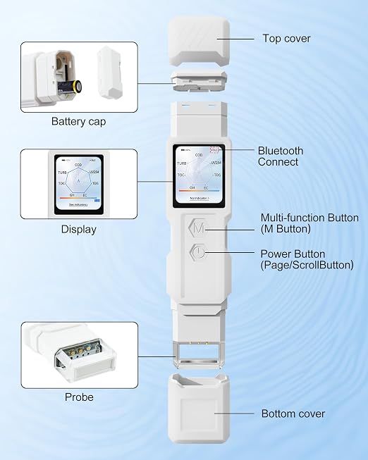9-in-1 Smart Water Tester with APP Monitoring, Digital Water Test Kit for Turbidity, TDS, EC, Temp, Salt, GH, TOC, COD & UV275, Professional Water Tester for Drinking Water, Well, Tap & Outdoor.
