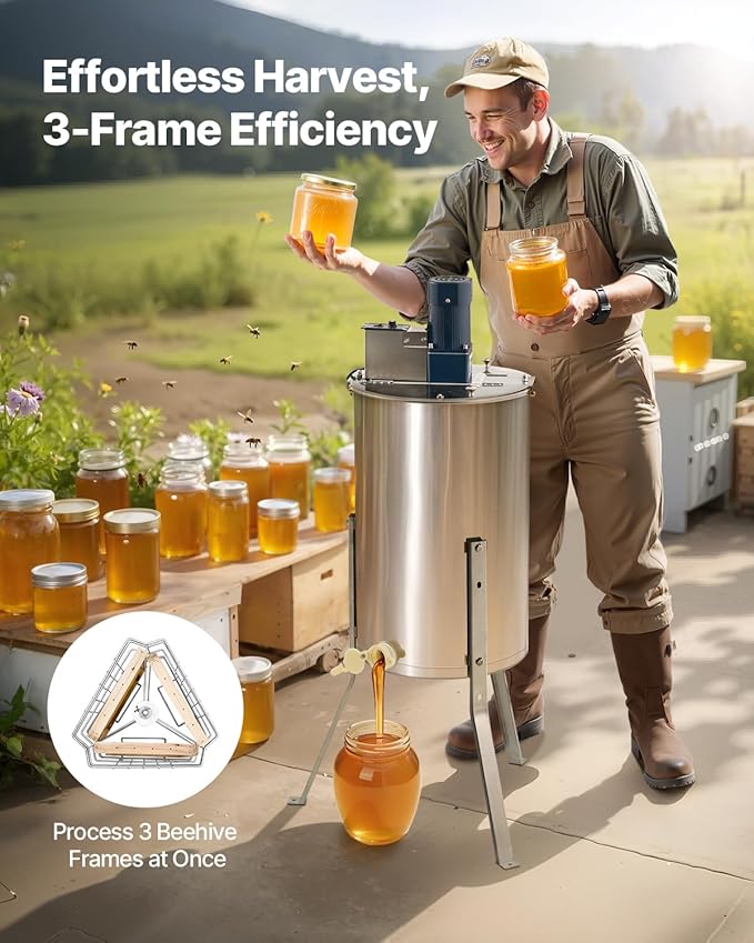VEVOR Electric Honey Extractor, 3 Frame Honey Extractor with Transparent Lid, Stainless Steel Honeycomb Drum Spinner, Height Adjustable, Honeycomb Extraction Equipment for Beekeeping