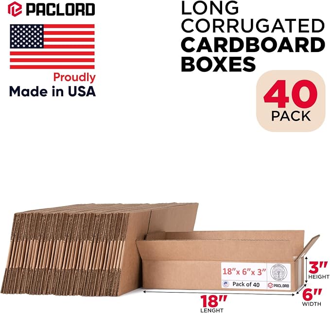 Flat Cardboard Boxes 18"L x 6"W x 3"H (Pack of 40) - USA-Made Packing Boxes for Moving, Shipping, or Storage - USPS, UPS, FedEx Approved - Professional Packing Supplies for Moving | USA-Made Packing Boxes for Moving, Shipping, or Storage - USPS, UPS, F...