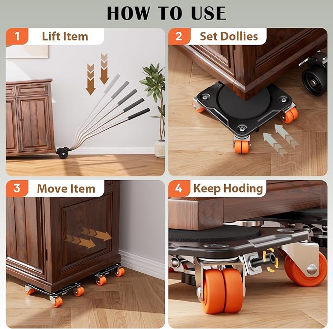 ONEON Heavy Duty Furniture Movers with Wheels Dolly with Auxiliary Lifter, All-New Upgraded Carbon Steel Panels & Dual-Wheeled Casters, Supports up to 2200 lbs (XL+Parked)