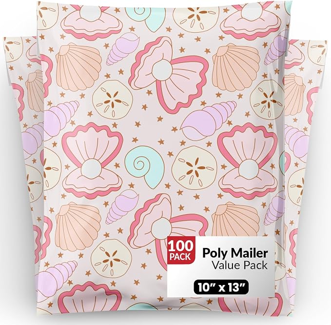 Package Mint Poly Mailers 10x13-100 Pack Coastal Seashells Design Poly Mailer Shipping Bags - Waterproof, Tear-Resistant, Self Adhesive Seal - Decorative Mailing Bags for Clothes and Accessories