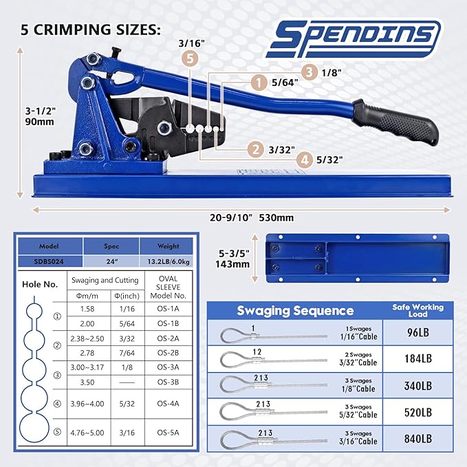 24 Inch Bench Swaging Cutting Tool, Wire Rope Crimping Tool for 1/16" 3/32" 1/8" 5/32" 3/16" Wires, 2-in-1 Crimper and Cutter, Swager Crimper for Copper Aluminum Oval Sleeve and Stop Sleeve