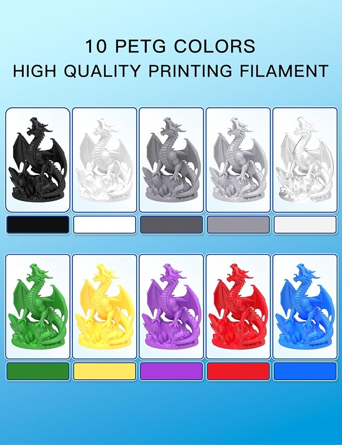 PINBALL PETG 3d Printer Filament 1.75mm High Precision Durable Moisture-Proof Strong Filament Mith Better Flow Dimensional Accuracy +/- 0.02mm Suitable for Most FDM 3D Printers 10 Kilograms Ten Colors