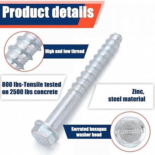 Tandefio 20 Pack 5/8" x 7" Concrete Screw Anchors Galvanized Large Diameter Heavy Duty Plated Concrete Anchors for Masonry Brick Anchoring Block Decking Framing Hex Drive