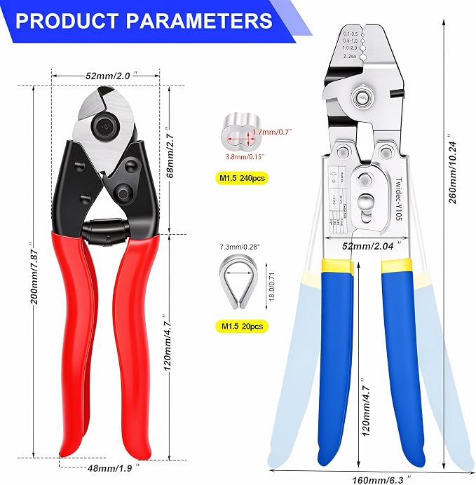 Twidec/Wire Rope Crimping Tool Up To 2.2mm With 240PCS 1/16''Aluminum Crimping Loop Sleeve And 165FT 1/16'' 304 stainless steel Wires Rope 20PCS Wire Thimbles And Wire Rope Cable Cutter Kit