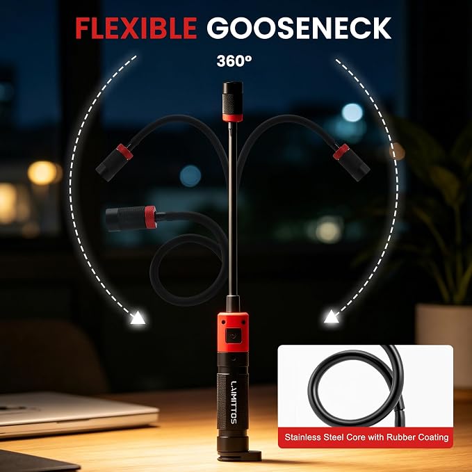 Magnetic Flashlight with Flexible Gooseneck, Rechargeable Work Light LED Zoomable Lens Flashlight, Mechanic Light for Work Bench, Auto-Repairing, Inspection, Emergency