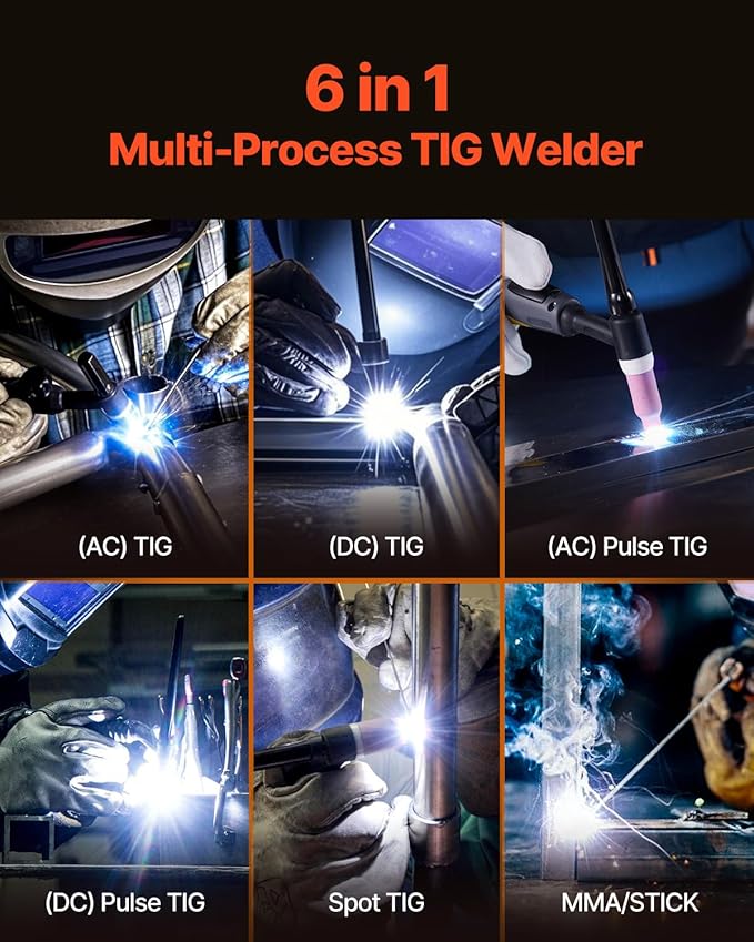 VEVOR TIG Welder, 225A 6-In-1 Aluminum Welding Machine (Large LED Display)- AC TIG/DC TIG/AC Pulse TIG/DC Pulse TIG/Spot TIG/MMA(Stick), 110&220V Dual Voltage Electric Welder with IGBT Inverter