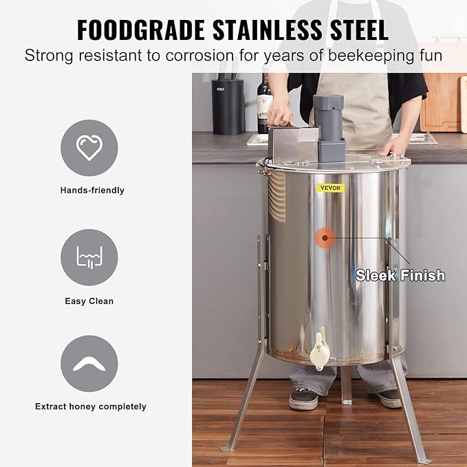 VEVOR Electric Honey Extractor, 4/8 Frame Stainless Steel Beekeeping Extraction, Honeycomb Drum Spinner with Transparent Lid, Apiary Centrifuge Equipment with Height Adjustable Stand