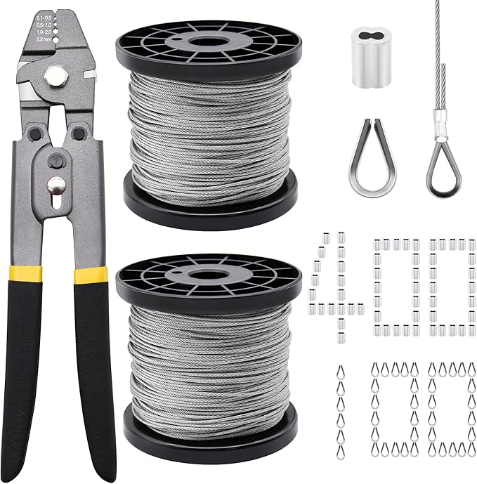 656ft 1/16" Wire Rope Crimping Tool Kit | for Railing, Decking, Picture Hanging