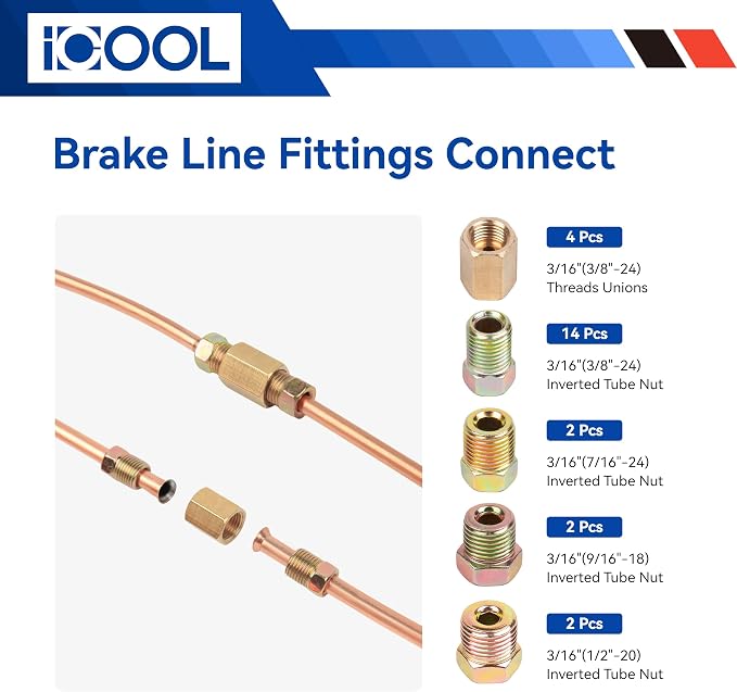 ICOOL 25 ft 3/16" Copper-Plated Brake Line Flaring Tool Kit with 20 Fittings and 4 Unions Brake Line Fittings, Brake Line Kit with Tube Bender and Reamer