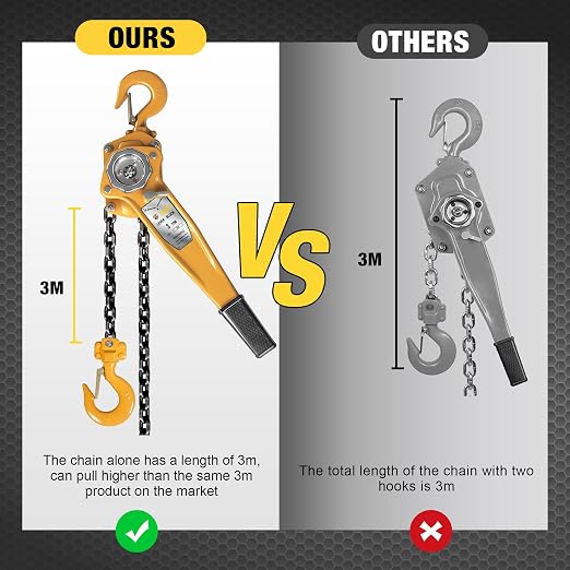 YELLOW JACKET 3 Ton Manual Lever Chain Hoist, 10 FT Come Along, G80 Galvanized Carbon Steel with Weston Double-Pawl Brake, Chain Come Along and Safety Measures for Chain Fall