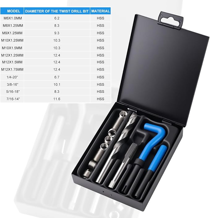 15PC SAE Helicoil Thread Repair Insert Kit, 7/16-14 inch Rethread | helicoil Thread Repair kit with HSS Drill Bits, Rethreading Inserts Tool Set for Damaged Thread Repairing with Carry Case