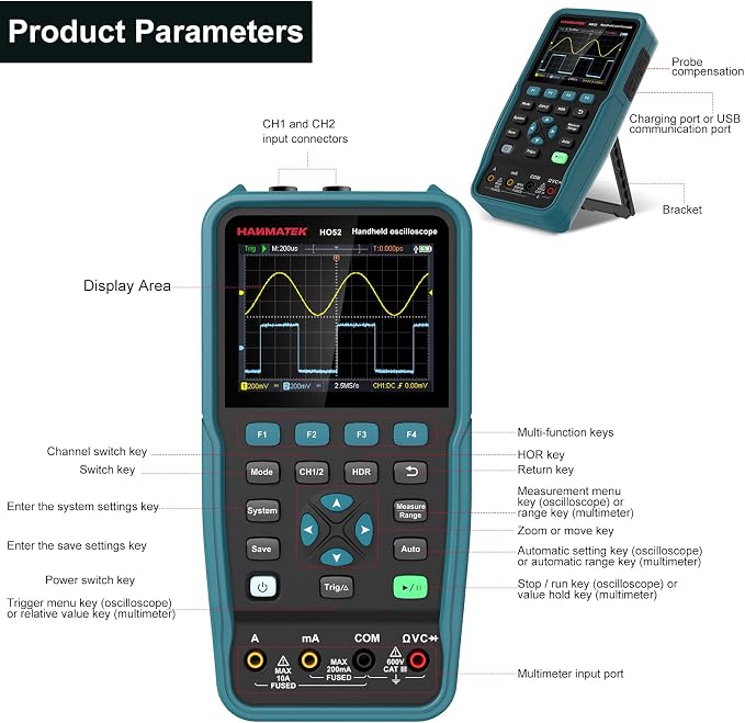 HANMATEK Handheld Digital Oscilloscope 50Mhz Bandwidth with 2 Channels HO52 3.5" TFT Mini Oscilloscope, 2 in 1 Oscilloscope and Multimeter, Backlit Screen, Auto-Calibration Function, Memory Function