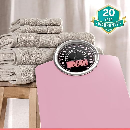 Hybrid Bathroom Scale - Analog & Digital Display, Accurate to 400 lbs | See weight on both an analog dial and digital LCD at once. Wide glass platform, accurate to 0.2 lbs, batteries included.
