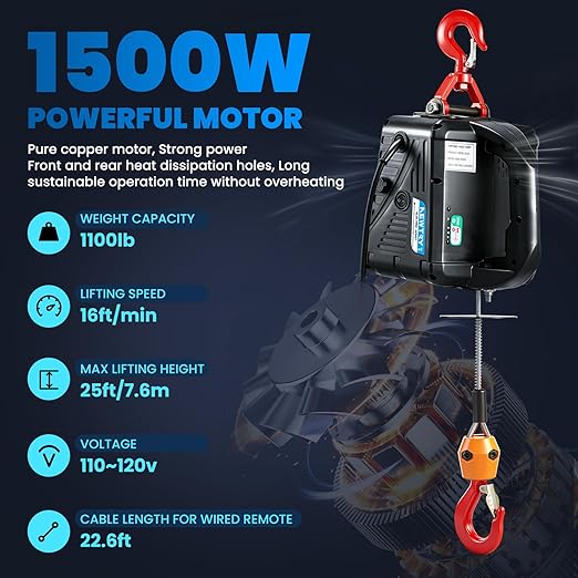 NEWTRY 3 in 1 Electric Hoist Winch 1,100lb Wireless Remote Control, Cable Remote Control, 110/120 Volt Portable Power Electric Hoist, Vertically & Horizontally, Lift 16ft/min