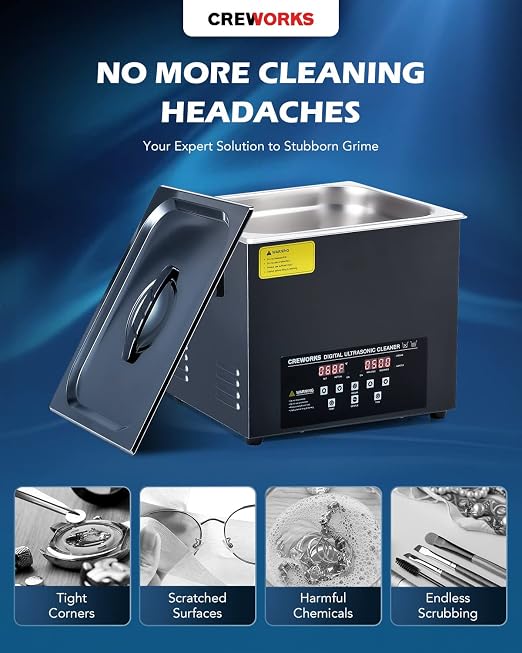 CREWORKS 10L Digital Ultrasonic Cleaning Machine with Degas and Gentle Mode, 240W Ultrasonic Cleaner Machine with Heater and Timer, 2.6 gal Ultrasound Cleaner for Retainer Watch Auto Tool Machine Part