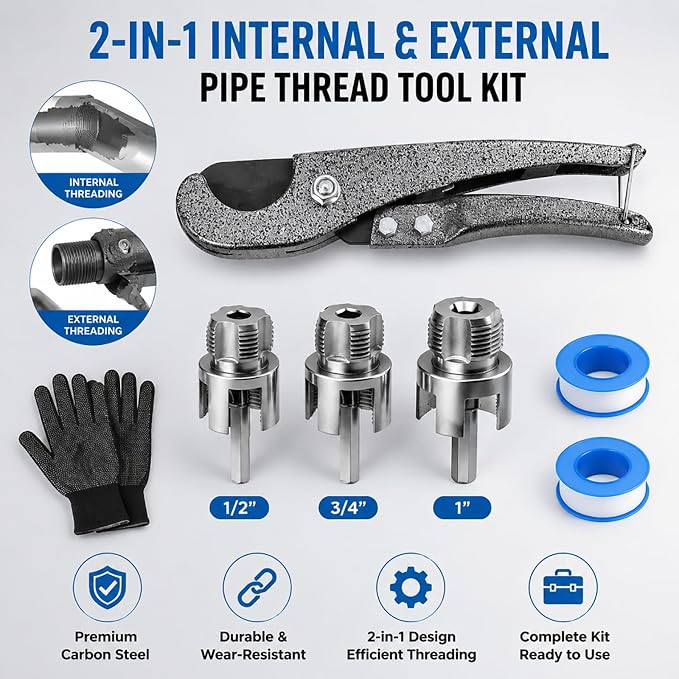 Pipe Tapping and Threading Tool Set,2026 New Premium Carbon Steel Dual-Function Internal & External Pipe Threader Tool 1",3/4", 1/2" Sizes Suitable for All Electric Drills,Plumbing Installation