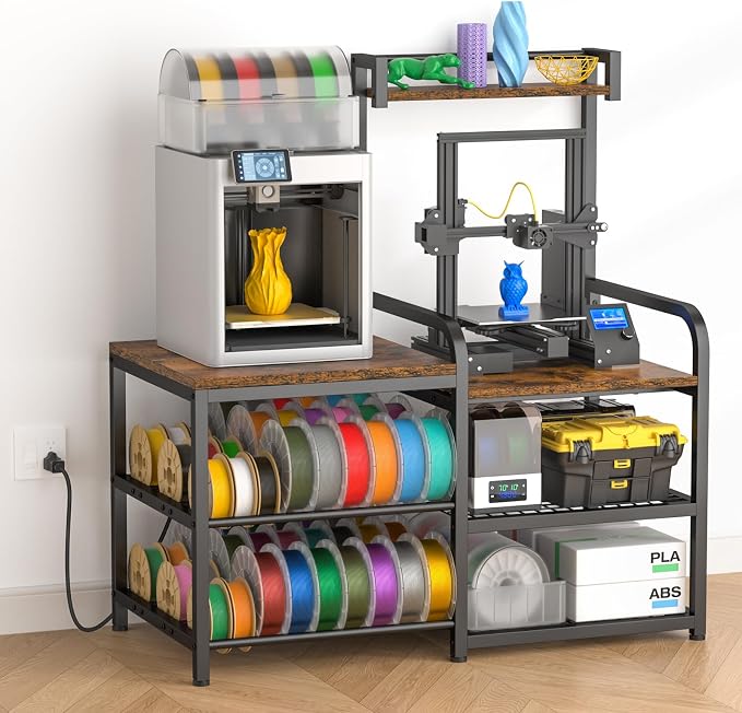 ikkle 3D Printer Table with Filament Storage Rack, Heavy Duty 3D Printer Stand with Power Outlet, 4-Tier 3D Print Desk & Filament Organized for Home Offices, Workshop, Studio (Brown)
