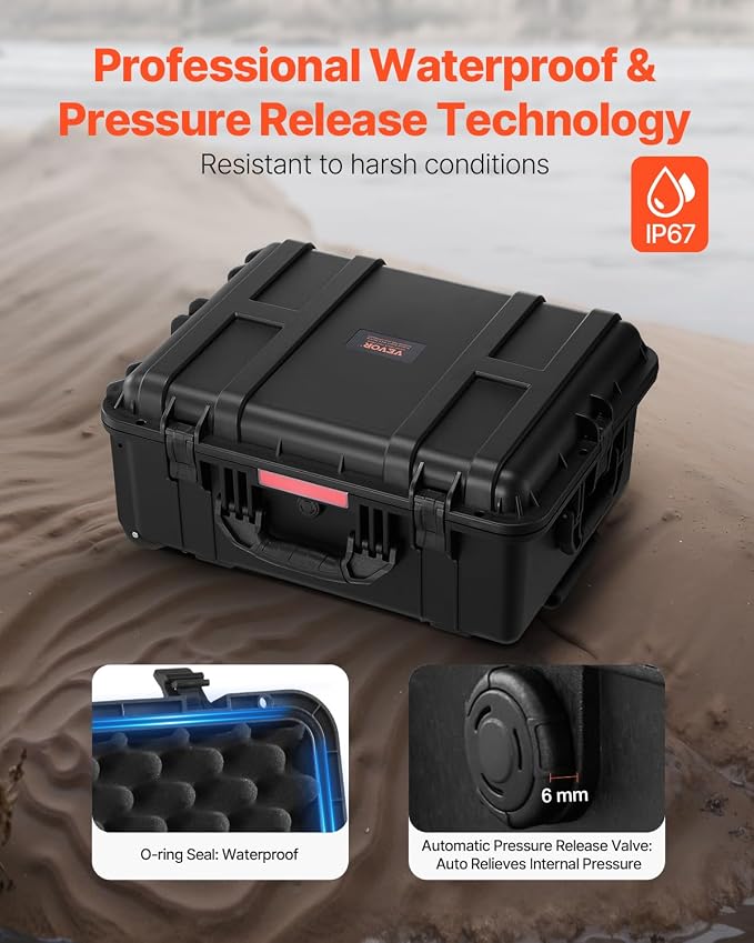 VEVOR Weatherproof Hard Case, Heavy Duty Protective Dry Box with Pre-Cut Foam, Wheels & Retractable Pull Handles for Travel, Hunt, Military, Tactical, IP67 Waterproof Case for Cameras(57x45x28)