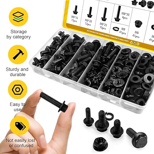 164PCS M8 Flange Head Bolt Assortment Kit,M8-1.25 x 16/20/25/30 mm Metric Flange Hex Bolts Nuts Washers Assorted,10.9 Black Zinc Galvanized