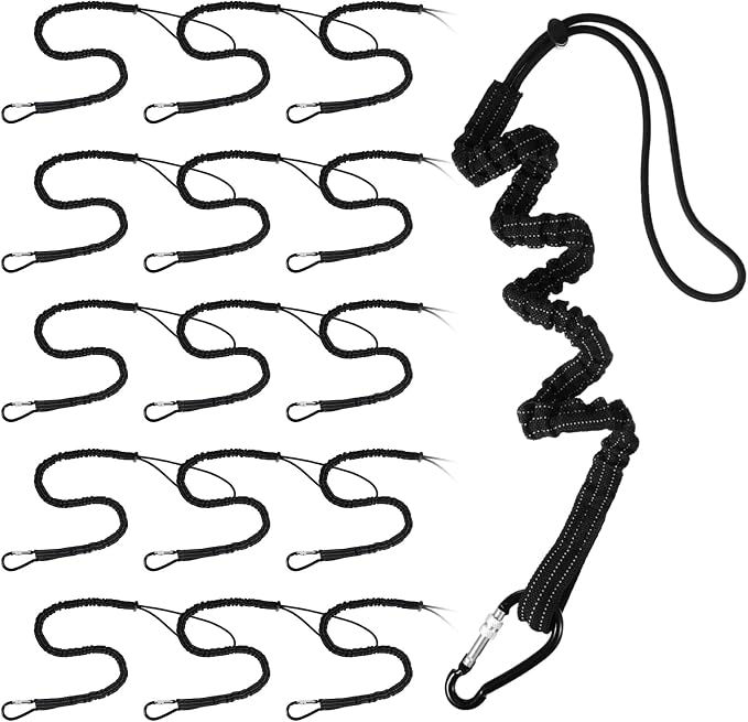 LEIFIDE 16pcs Tool Lanyard Standard Length Safety Tool Leash 17.6lb 8kg Tough Adjustable Fall Protection Tether with Aluminum Screw Lock Buckle, Shock Cord Stopper and Retractable Loop End, Black