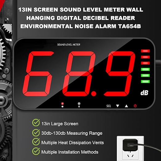 Decibel Meter Digital Sound Level Meter 30-130db Reader Large LCD Display Noise Meter Decibel Wall Mounted Hanging DB Tester with Alarm TA654B