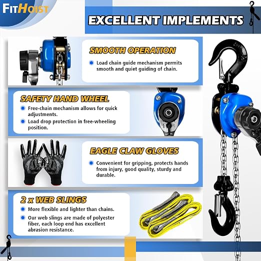 Mini Chain Hoist 1/4 ton with 2 Lift Sling Straps and Gloves 10ft Lift Small Come Along Alloy Steel G80 Chain 2 Heavy Duty Hooks, Manual Hoist for Garages Warehouse Automotive Machinery