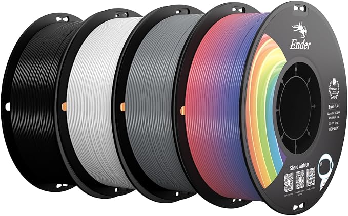 Creality PLA+ Filament 1.75mm 4KG, 3D Printer Filament 4 Pack 1kg Cardboard Spool, Strong Toughness,Multi-Color 3D Printing Filament for Most FDM Printers(Black White Grey Rainbow)