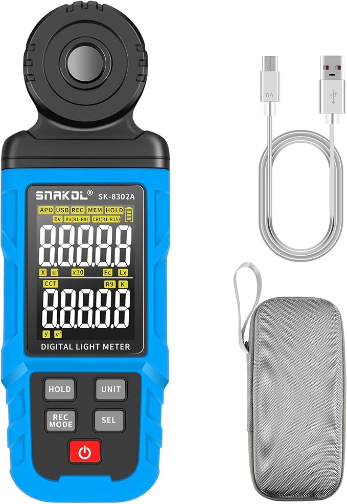 Spectral Illuminance Meter SK-8302A Light Meter, Lux Meter, CCT,RA,CRI,R9,Range up to 200,000 Lux 2500K-15000K, Color Coordinate,Data Storage, USB Charger, PC Software,Lighting Testing Tool
