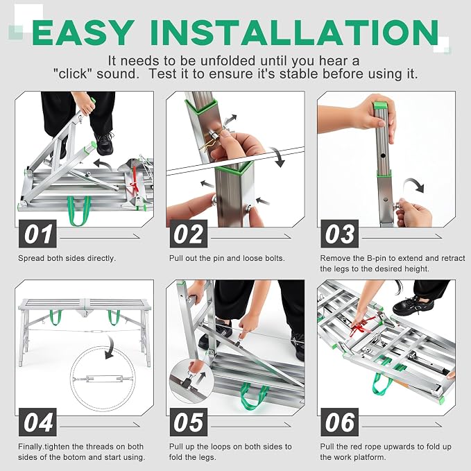 Zonon 28" to 44" H Folding Work Platform 400 Lbs Capacity Portable Scaffolding Step Stool 4 Height Adjustment 55" x 11.8" Non Slip Work Platform Ladder for Home Drywall Cleaning Painting