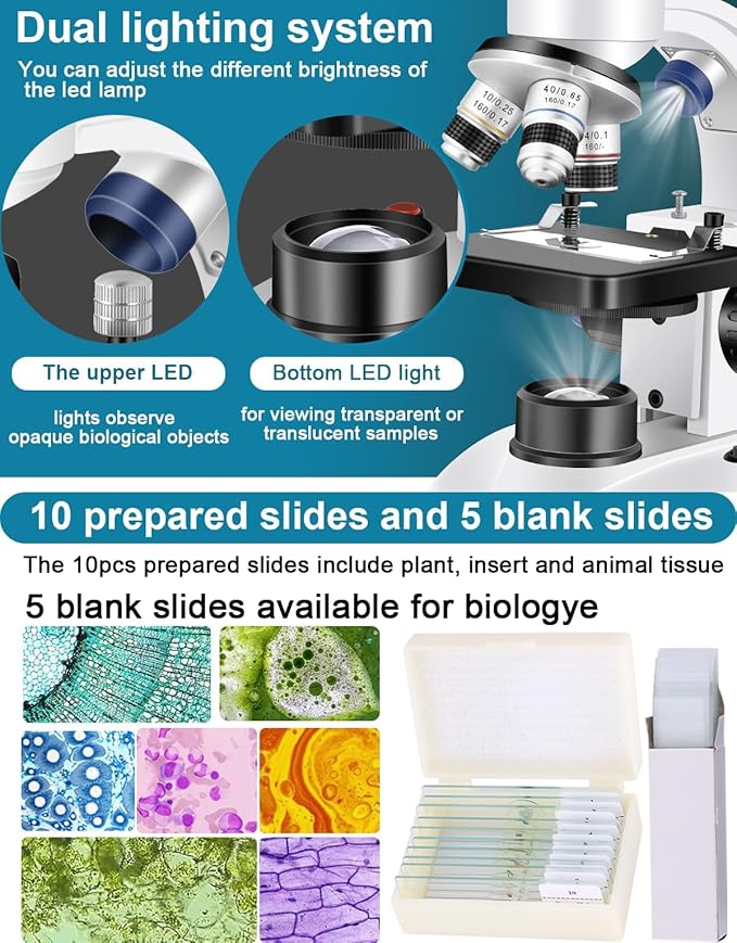 Microscope for Adults WF10x and WF25x eyepieces, 40X-2000X Magnification USB Camera, Microscope for Adults Suitable for Laboratory School Home Education（White Microscope）