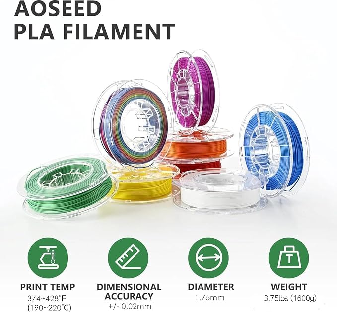 AOSEED PLA Filament Set 1.75mm (±0.02mm), 8-Pack, 200 g (0.44 lb) per Spool | Multi-Color Bundle for Most FDM 3D Printers, Low-Odor, Safety-Tested, Tangle-Free & Moisture-Protected for Home & Classroom