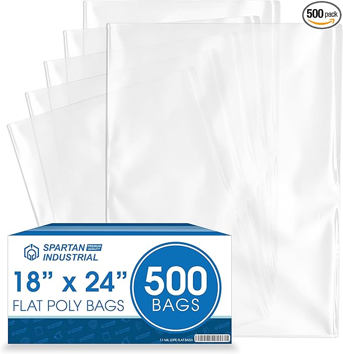 18" X 24" Open-End Flat Poly Bags (500 Count) - 1.1 Mil Clear Plastic Bags for Packaging, Shipping, Storage - No Adhesive Strip - Spartan Industrial