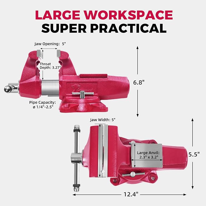 Forward Round Bench Vise 5 Inch, 1750B Economic Industrial Vice PRO with 360° Swivel Base, 5" Jaw Width, 5" Max Jaw Opening, 3-1/4" Throat Depth, 86,000PSI Ductile Iron