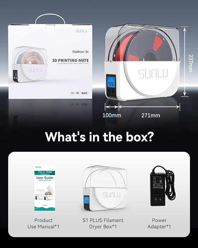 SUNLU Filament Dryer Box 2026 New Upgrade S1 Plus, White | Fan Design, Keeps 1.75 2.85 3.00mm Filament Dry, Compatible with PLA PETG ABS, Filament Storage & Dehydrator