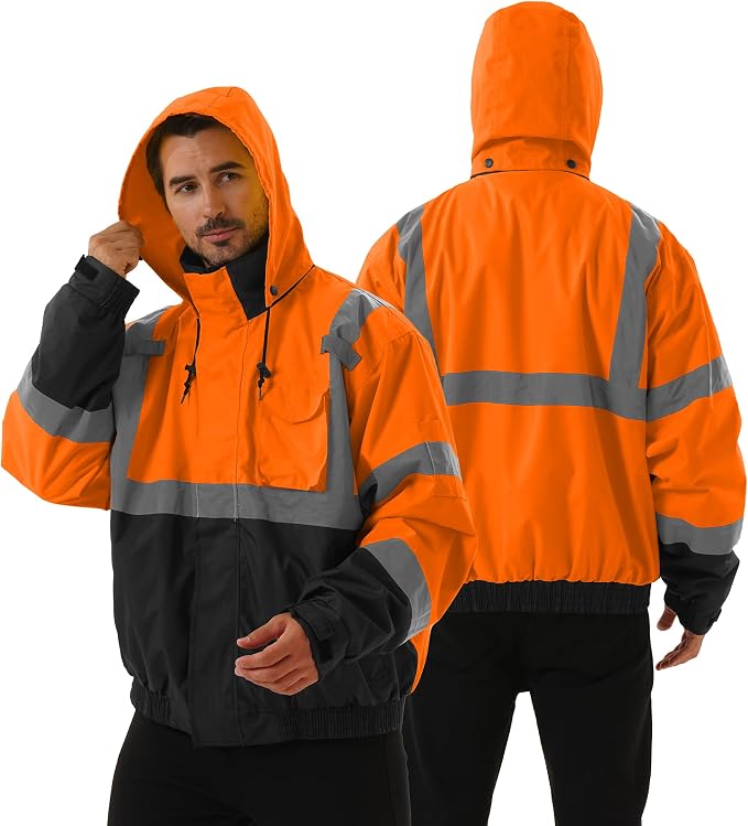 3 in 1 Safety jacket,Reflective high Visibility Hooded jacket,Hi Vis Bomber Jacket shell and fleece lining,Waterproof,ANSI Class 3 Black Bottom Orange,5XL