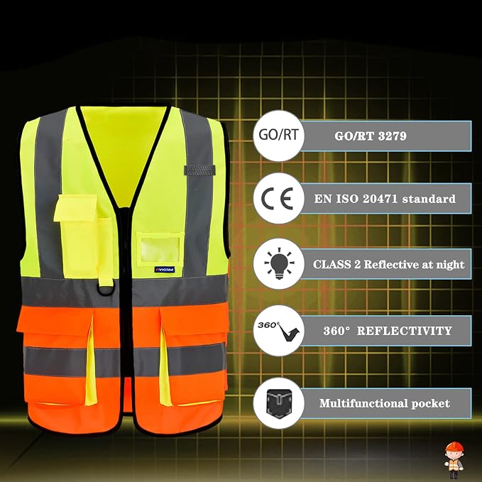 A-SAFETY Hi-Vis Safety Vest with Radio Mic Loop, Zipper, Yellow/Orange, XL | Yellow/Orange XL work vest with reflective strips, mic tabs and 7 pockets for railway operations and highway maintenance.