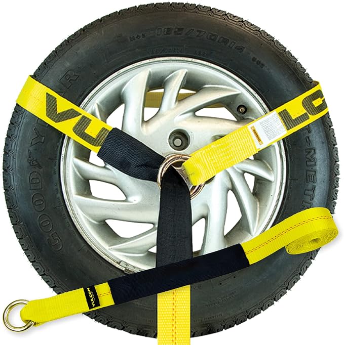 VULCAN Car Tie Down - Twisted Snap Hooks - Lasso Style - 2 Inch x 96 Inch - 4 Pack - Classic Yellow - 3,300 Pound Safe Working Load