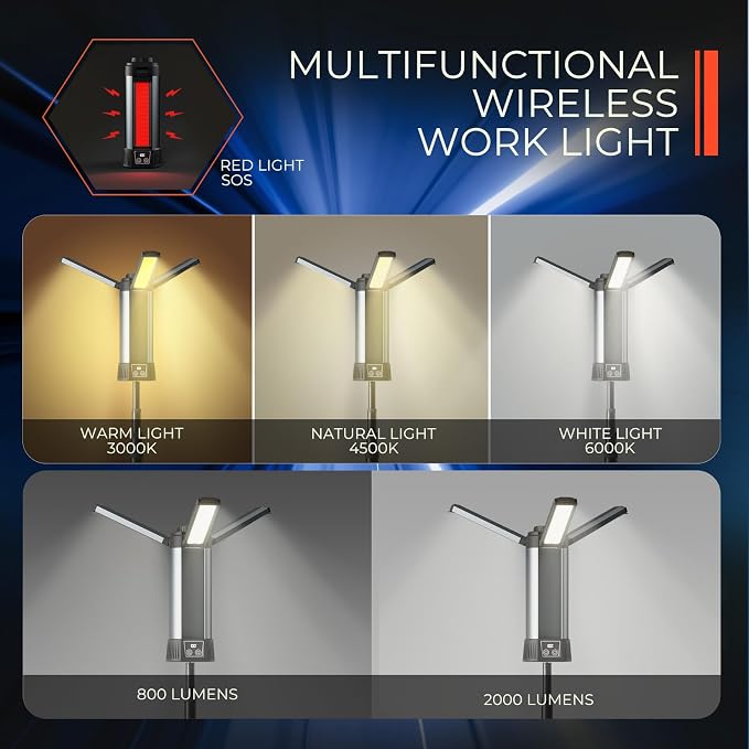 Rechargeable Work Light with Stand, Magnetic Base, Hook & Tripod (Small) | 6000mAh battery, Telescopic tripod,Magnetic base, Hanging hook, 3 metal floor spikes, Storage bag, Camping