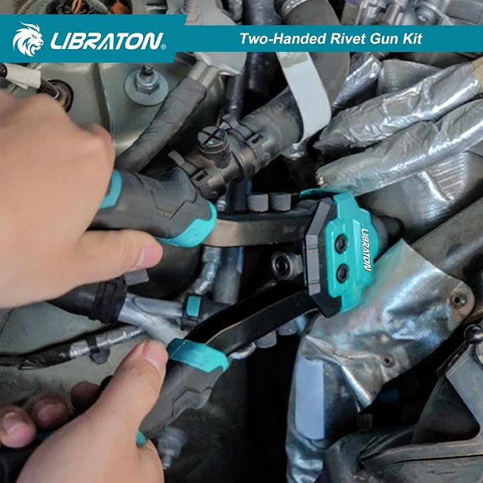 LIBRATON Pop Rivet Gun Kit, Two-Handed Rivet Gun, Heavy Duty Rivet Gun Kit, Pop Rivet Tool with 250 Aluminum Rivets in Box, 5 Tool-Free Interchangeable Nozzles, 5 HSS Drill Bits, for Automotive, Metal