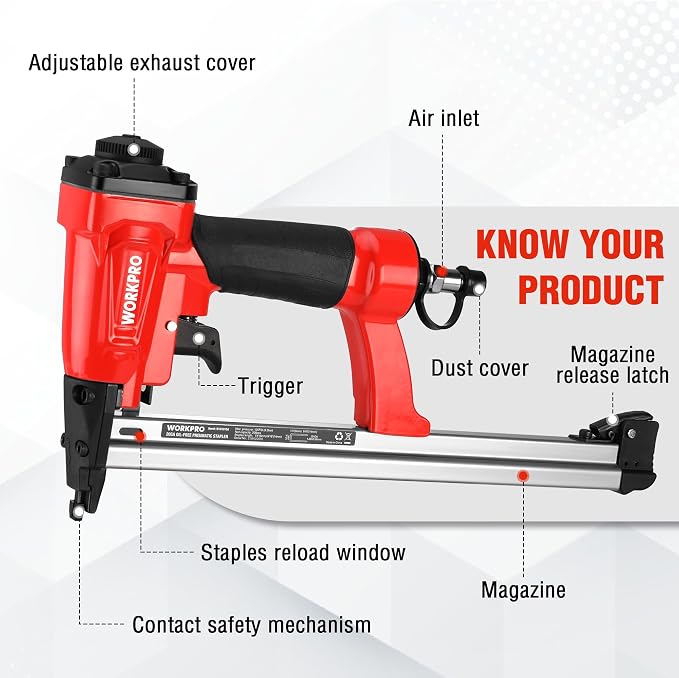 WORKPRO Pneumatic 20 Gauge Staple Gun, Oil-Free T50 Upholstery Stapler with 1260pcs 1/4" to 5/8" Staples, Extended Magazine, 200-count Staple Capacity, for Carpentry, Woodworking and DIY Projects