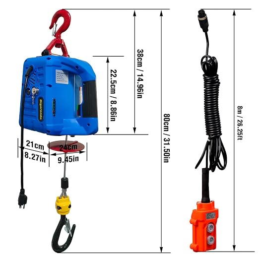 3-in-1 Electric Hoist Winch,1100lb Capacity, Portable Electric Power Winch with Wire Wireless Remote Control,110V Electric Hoist Crane,26FT Lifting Height,for Warehouse,Garage,Lifting Towing