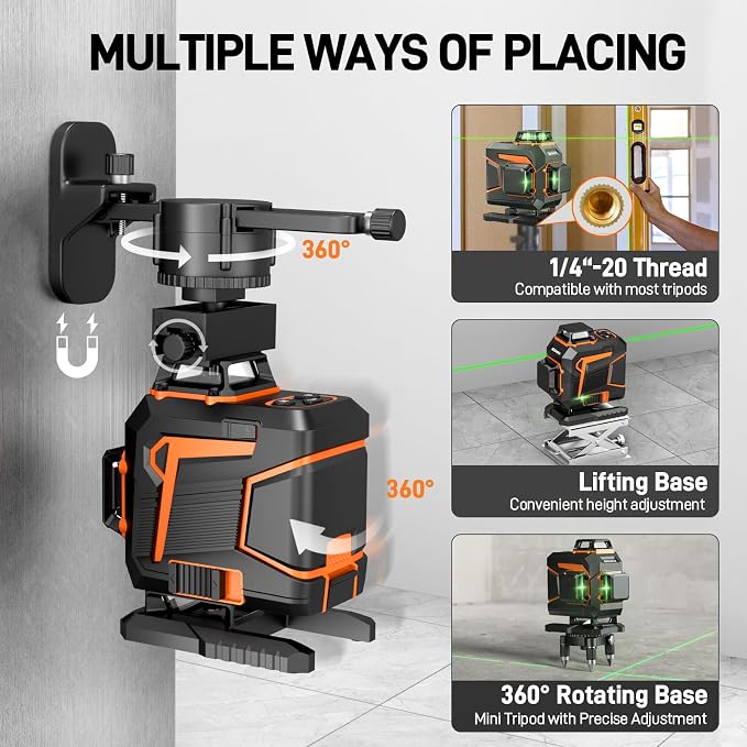 Laser Level 360 Self Leveling Green Light Laser Level Tool Wall Mount Base Bracket 100ft Nivel Laser Rechargeable Battery Receiver for Outdoor Use,4D 4x360